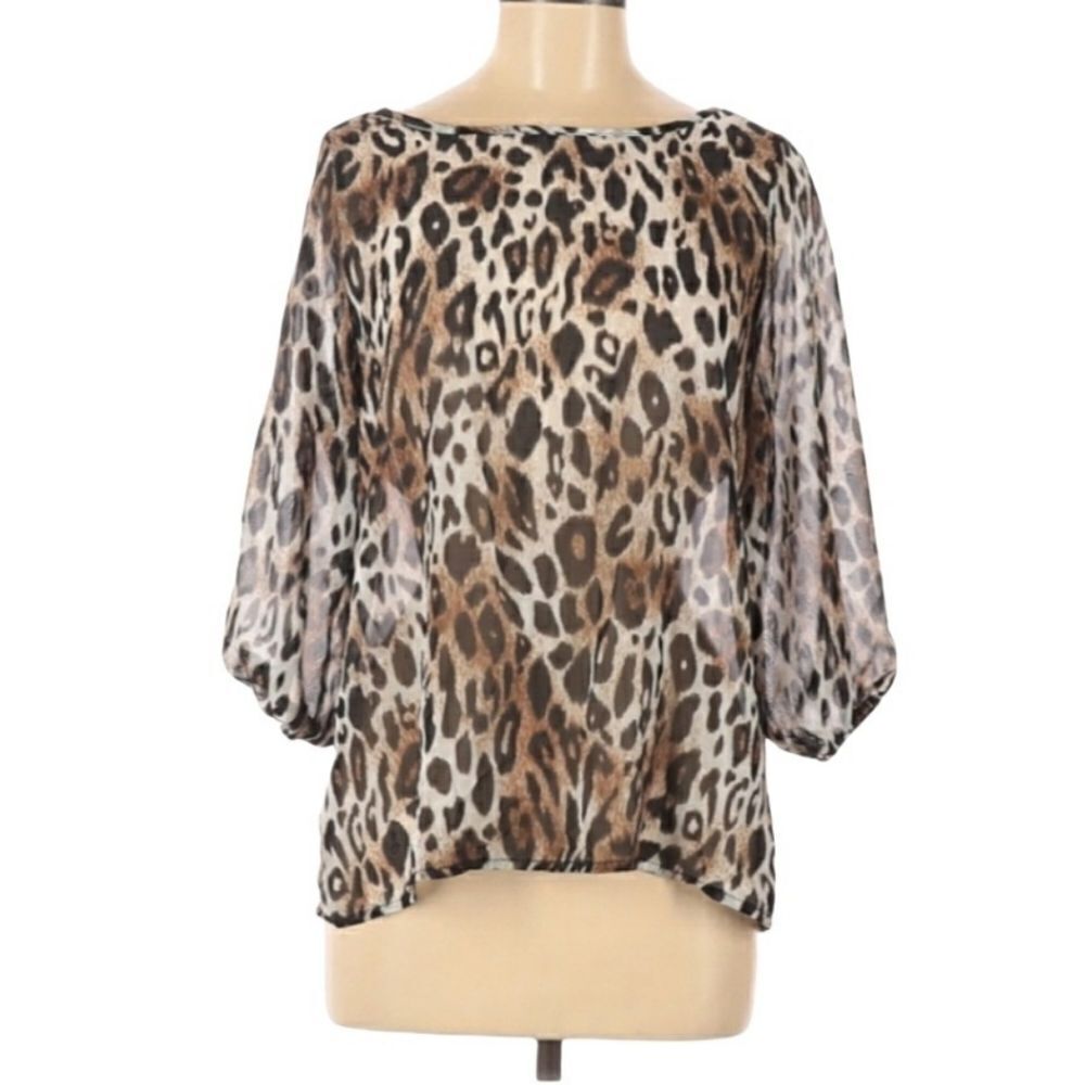Brenda's Brown and Black Back Bow Sheer Leopard Print 3/4 Sleeve Blouse Medium